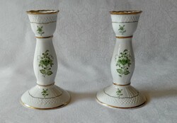Hollóházi SCARBANTIA zöld-arany kézzel festett porcelán Gyertyatartó 2 db együtt 1983-