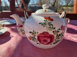 Rózsás, aranyozott, régi, japán, kézzel festett 4 személyes, vékony falú porcelán teáskészlet