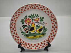 Hollóházi, kakasos keménycserép tányér, "Jó reggelt" felitrattal, falitányér,kèzifestès