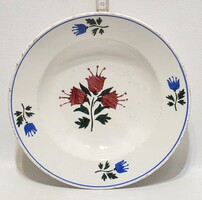 Hollóházi kék, piros virágmintás keménycserép falitányér (3793)