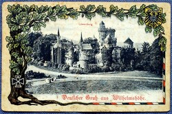 Lőwenburg - Wilhelmshöhe -  antik szecessziós keretű litho képeslap 1914es vaskereszt , tölgy