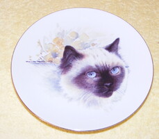 Sziámi cicás porcelán falitányér, dísztányér