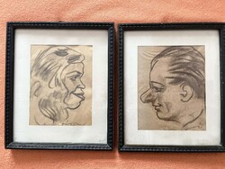 Carved Signed Caricatures, 2 pcs, First Half of 20th Century