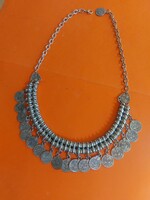 Bizsu, ezust színű mutatos török pénzerme nyaklánc, hastanchoz ajánlatos 60cm hosszú 4cm széles