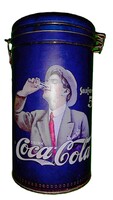 Retro fém lemez antik reklámos COCA COLA henger alakú csatos aromatartós díszdoboza képek szerint