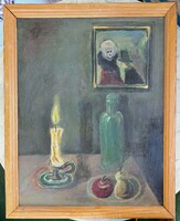 AKCIÓ! Csendélet gyertyával és gyümölcsökkel - Szabó S. 1998 (olajfestmény kerettel) enteriőr