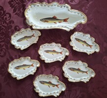 Antik Karlsbad halas porcelán készlet, tál + 6 kistányér