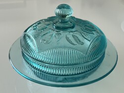 Türkízzöld üveg bonbontartó gyümölcs mintával, 16 cm átmerő, 10 cm magas