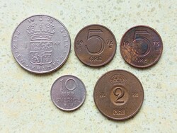 Svédország 5 db Különböző Érme 2 5 10 Öre 1 Korona 1955-1973