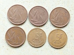 Belgium 6 db Különböző Érme 5 20 Frank Francs 1980-1986