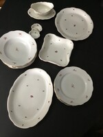 Zsolnay , antik,  kis virág mintás , arany cakkos szegélyes, 21 darabos hiányos étkészlet