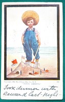 Humoros üdvözlő képeslap - Bernhardt Wall:  „Young America” kisgyerek, homokvár, katonák, másolat!