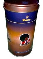 Retro fém lemez TCHIBO kávés színes HIBÁTLAN kör kávé tároló díszudoboz 16 x 8 cm a képek szerint
