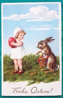 Antik húsvéti grafikus üdvözlő képeslap, gyerekek, nyuszi, írott,
