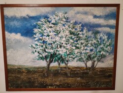 Ujváry Lajos (1925-2006) : Virágzó fák - hatalmas és gyönyörű, látványos képcsarnokos olajfestmény.