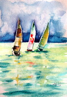 Kovács Anna Brigitta: Sailboats on Balaton IV -  watercolor painting - Vitorlások a Balatonon IV