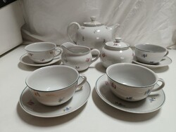 Hollóházi porcelán apró virág mintás, zöld szegélyes teás készlet - 4 személyes