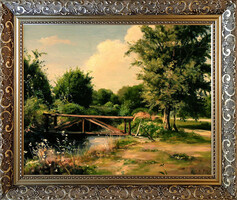 Keleti Péter: Patak híddal - kerettel 52x62 cm - alkotás: 40x50cm - száma: 2609/206