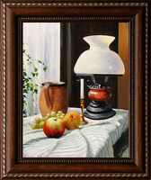 Keleti Péter: Ablak előtt - kerettel 62x52 cm - alkotás: 50x40cm - száma: 2408/1023