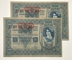 2 db 1000 Korona 1902 - Ausztria / Osztrák bélyegző + ECHT - SORSZÁMKÖVETŐ - XF tartás