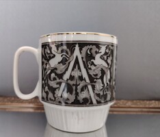 6 db RETRO kínai porcelán monogramos bögre "A" betűs unikornis mintával, arany szegéllyel – Zhuzhou,