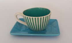 Csíkos porcelán ovális csésze szögletes aljjal – türkiz / zöld-fehér