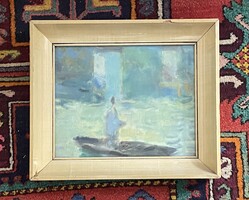 ERDŐS GÉZA (1910-1964) HORGÁSZ, KÉPCSARNOKOS, JELZETT FESTMÉNY EREDETI FA KERETBEN, ÜVEG ALATT 30 x