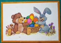 Húsvéti, üdvözlő képeslap, rajz: Bakai Piroska - Nyuszi, tojás, maci - postatiszta, 1986