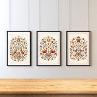 3 db skandináv népi stílusú kép állatokkal, virágokkal gazdagon díszítve, poszter, plakát