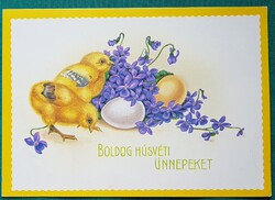 Húsvéti üdvözlő képeslap, másolat: Hatvany Józsefné - Kiscsirkék, ibolya - futott, 1986