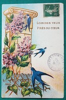 Antik grafikus, virágos üdvözlő képeslap - Fecskék, orgonaág,  futott,