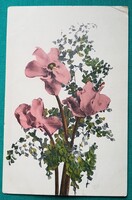 Grafikus virágos üdvözlő képeslap 1950, futott