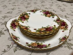Stunning six-piece English Royal Albert “Old Country Rose” dessert set with serving piece, flawless