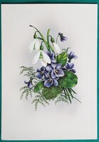 Jókívánság, üdvözlő képeslap, grafika: Hatvany Józsefné - hóvirág, ibolya - futott, 1989