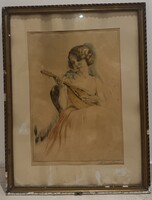 Prihoda Istvánnak tulajdonított, színezett grafikai lap / színezett rézkarc, „A hárfázó nő"