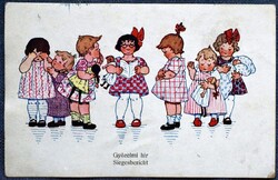 Antik humoros grafikus üdvözlő képeslap    -  kisgyerekek  1918  bécsi kiadású