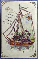 Antik dombornyomott újévi üdvözlő képeslap  - ibolya hajó arany lóhere  1903