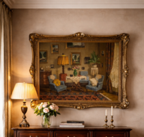 Apátfalvi Czene János: Polgári enteriőr – olaj, vászon, restaurálandó állapot