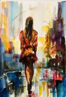 Séta a városban. A4 méret. Kiemelkedően szép akvarell.