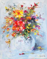 Virágcsokor fehér vázában  art by Konrad Biro. 50x40 cm. Menjen akkor licittel! Egy hét-egy esėly!
