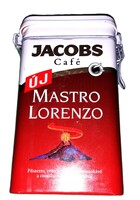 Retro JACOBS kávés plasztiktető csatos aromazárós 250 g fém lemez doboz 17 x 9 x 5 cm képek szerint