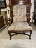 Antique Carved Throne Chair with Gobelin Upholstery