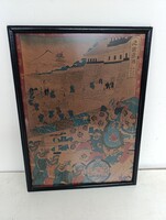 Antik Japán fametszet szamuráj életkép motívum keretben fa metszet 551 6683