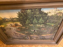 Régi kép,fellelt állapotban. Vár,erdő állatok. Vélhetően sokszorosított eljárással készült.Fa keret.
