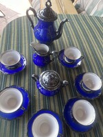 Bavaria Feinsilber antik kobaltkék porcelán kávéskészlet 6 személyes, ezüstözött.