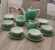 Retro Hollóházi Porcelán Teáskészlet – Mélyzöld, Aranyozott, 15 részes