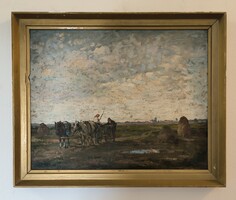 Id. Kátai Mihály(1906-1983): ,,Nagykunságban" - szekérrel a határban. Jelzett olajfestmény.
