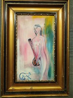 Béla Kádár - female nude with mandolin and cat