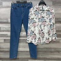 Tezenis magasderekú farmernadrág, H&M fehér virágmintás blúz 36-os szett