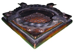 Mid century brutalist wood + wrought iron + leather artisan decorative ashtray - 16 x 16 x 4 cm flawless